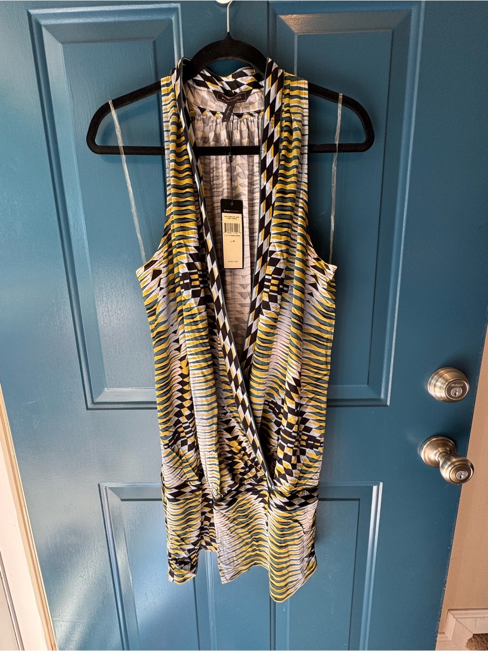NWT Sleeveless Geometric Wrap-Front Top in Yellow, Black & White